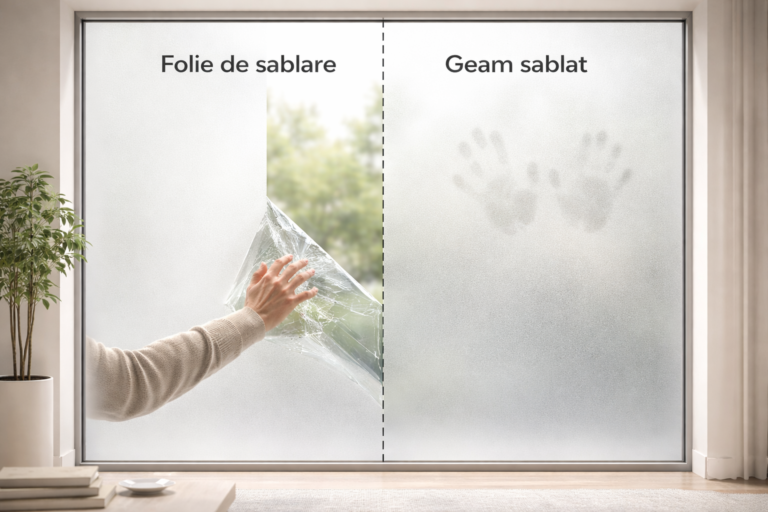 folie de sablare aplicată pe geam comparată cu geam sablat