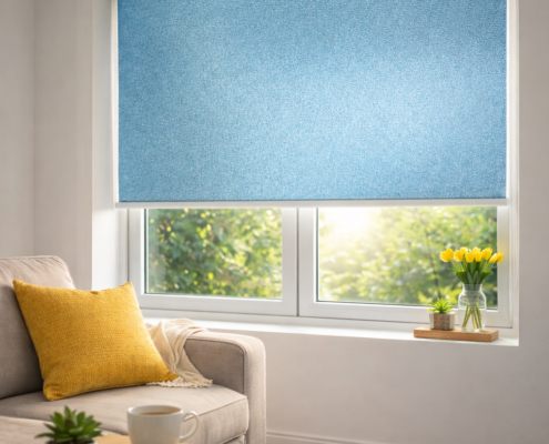 Roletă textilă reflexivă albastră montată într-un living modern, cu lumină naturală filtrată.