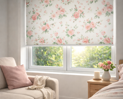 Roletă textilă florală montată într-un dormitor modern, cu decor luminos și atmosferă relaxantă.