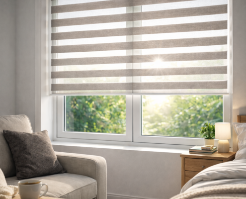 Roletă Day & Night tip zebra montată într-un living modern, cu reglare precisă a luminii naturale.