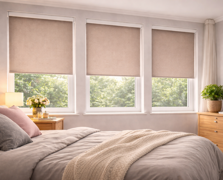 rolete-opace-dormitor-culori-calde.jpg rolete opace pentru dormitor cu material textil dens și ambient confortabil